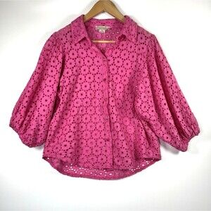 Astrid Blouse Women XS Pink Eyelet Puff Sleeve Button‎ Front Made in Italy